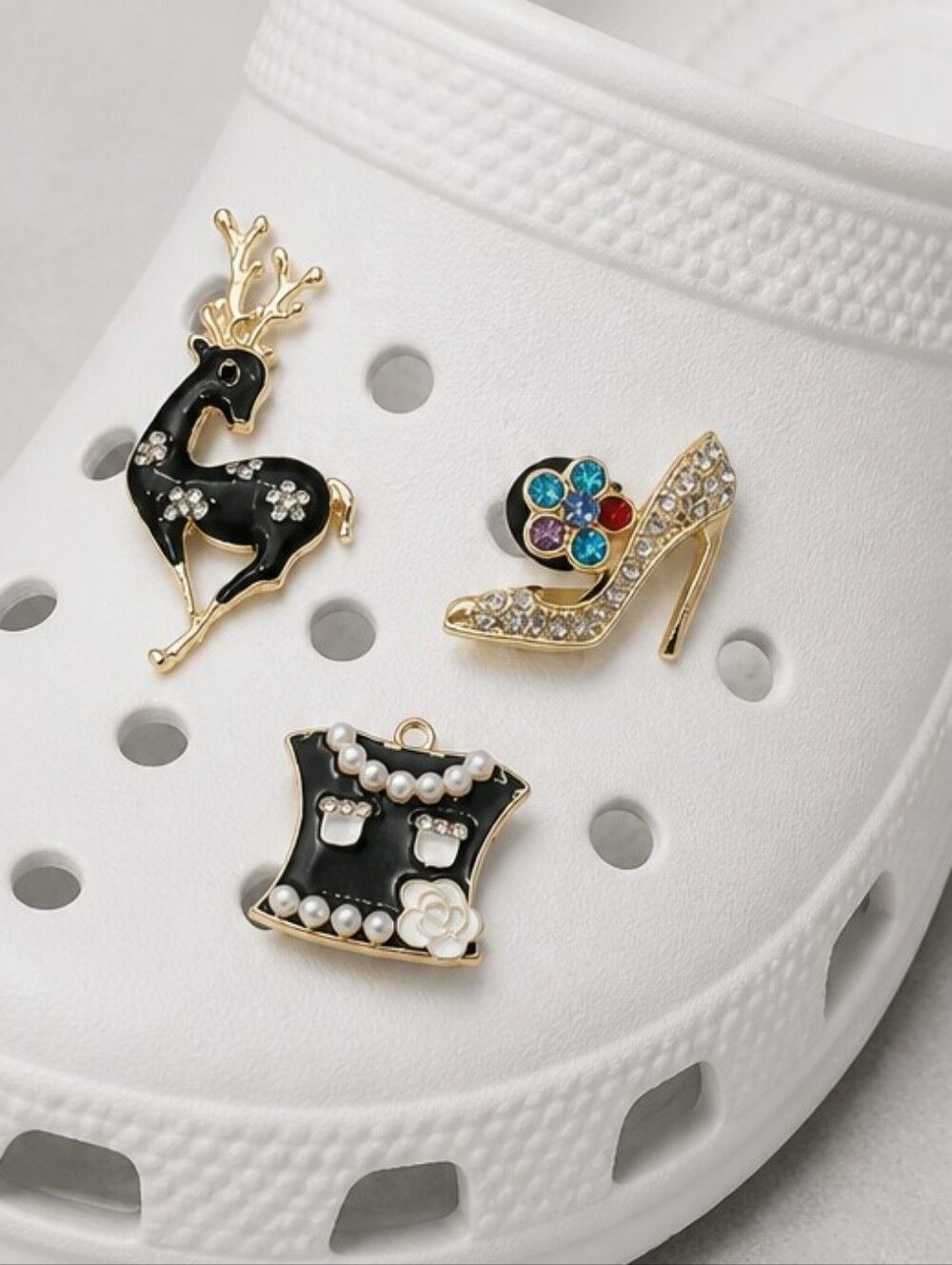Bling Metal Croc Shoe Charms 3pc Rhinestone Deer High Heel Fashion Jewelry Glam